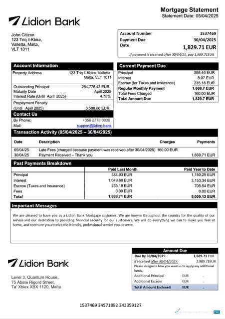 Download Malta Lidion Bank mortgage statement Word and PDF template Photoshop template